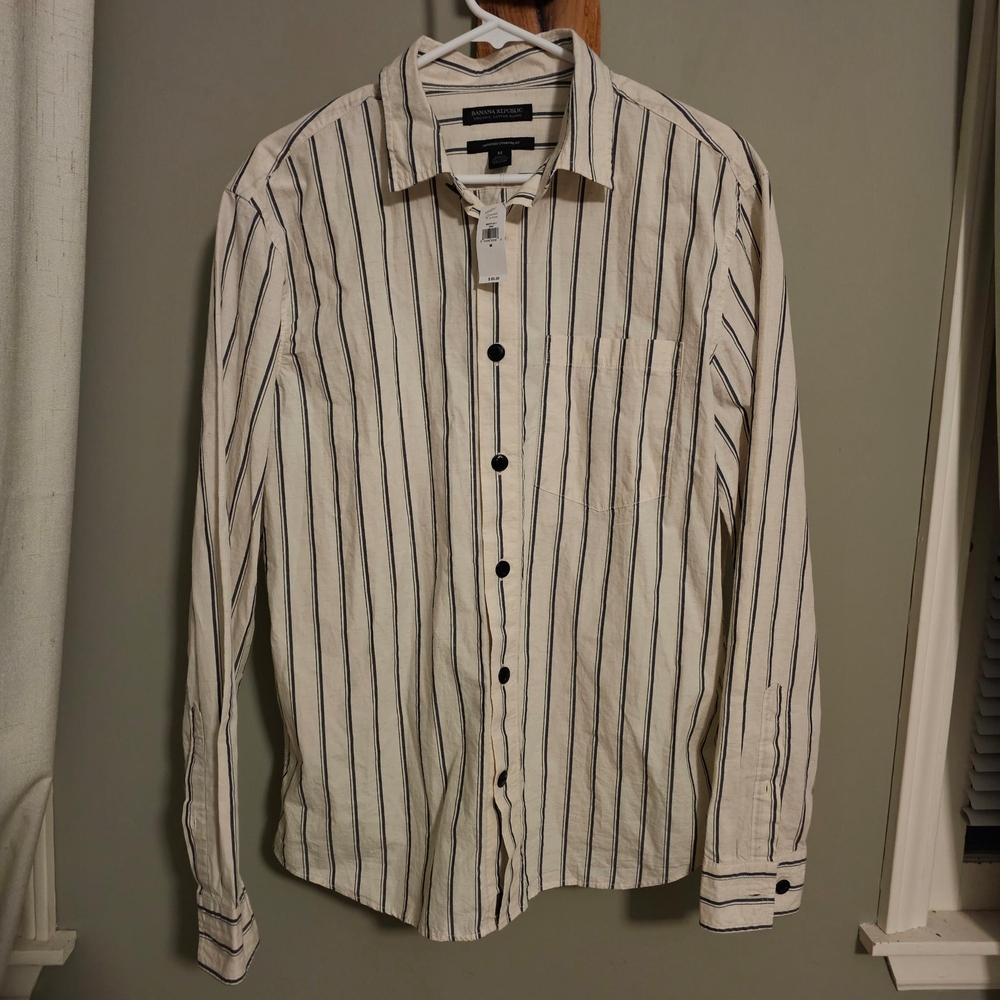 NWT Men's Striped Button-Down Shirt - Cream and Black